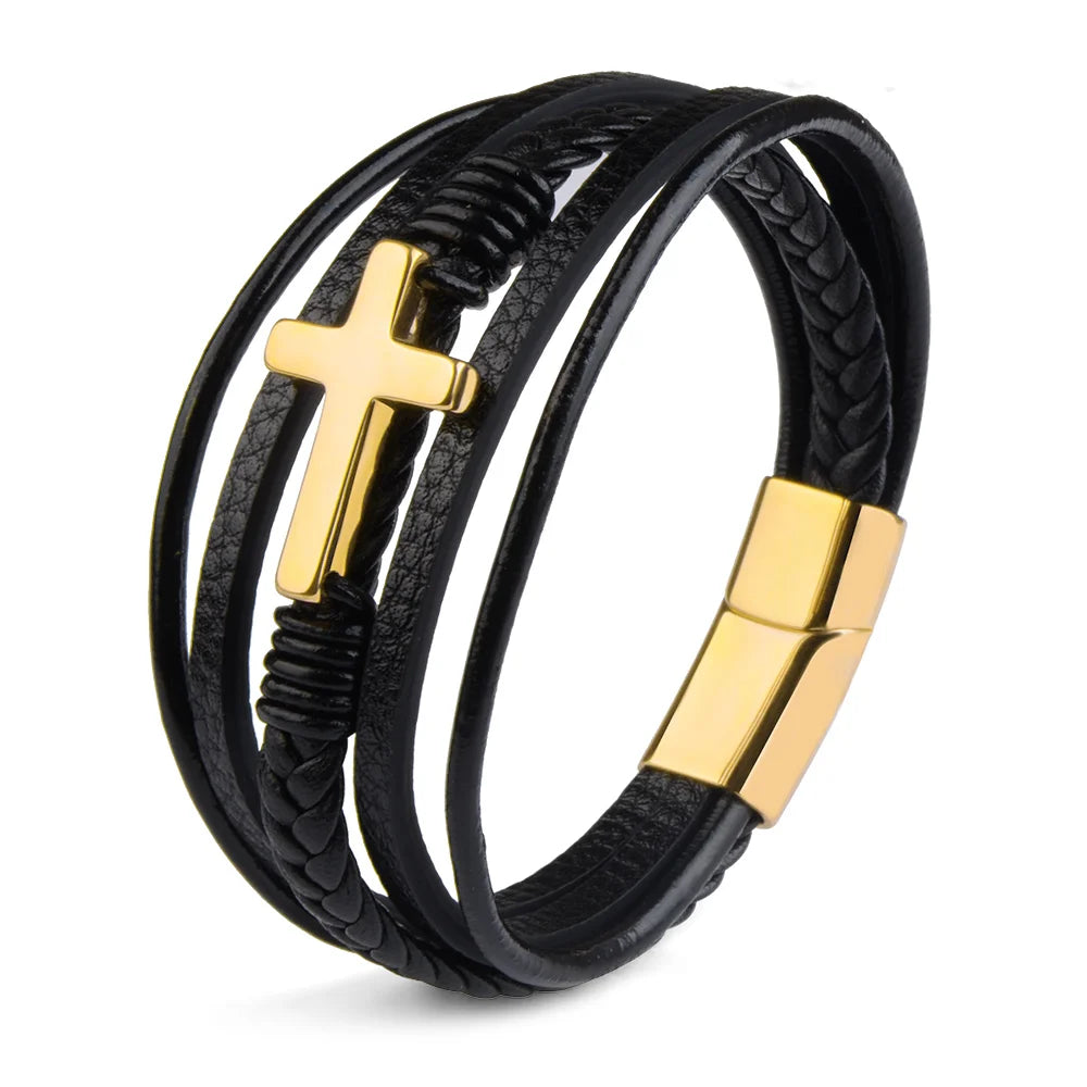 Pulseira Masculina de Couro Legítimo com Cruz e Fecho Magnético - Dourado