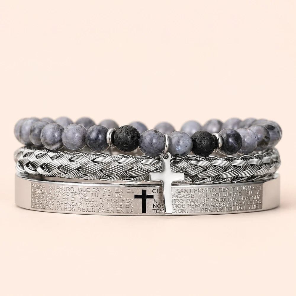 Kit 3 Pulseiras Masculinas com Cruz e Pedras - Set A - Soul Fé