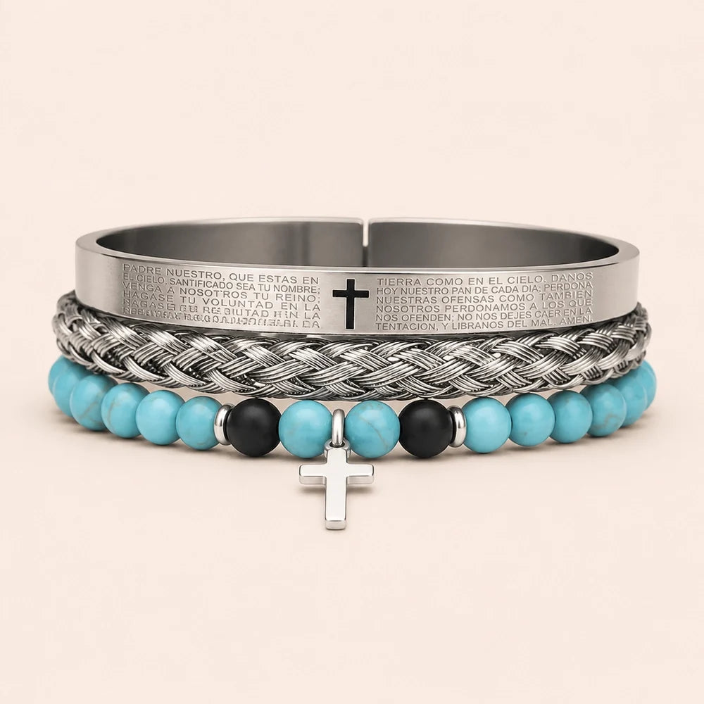 Kit 3 Pulseiras Masculinas com Cruz e Pedras - Set B - Soul Fé