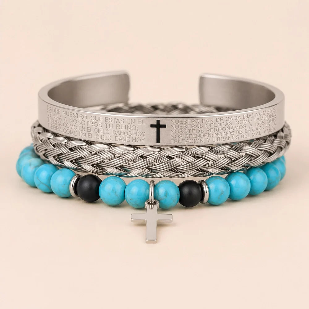 Kit 3 Pulseiras Masculinas com Cruz e Pedras - Set B - Soul Fé