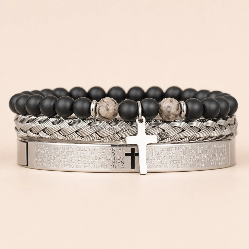 Kit 3 Pulseiras Masculinas com Cruz e Pedras - Set C - Soul Fé