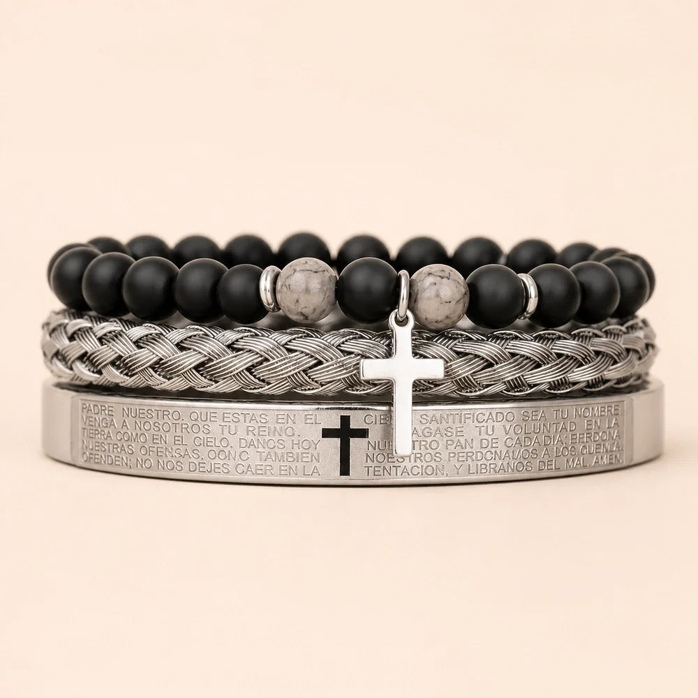 Kit 3 Pulseiras Masculinas com Cruz e Pedras - Set C - Soul Fé