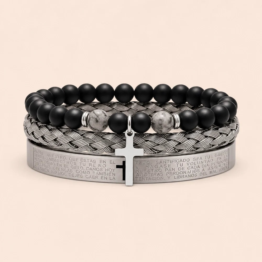 Kit 3 Pulseiras Masculinas com Cruz e Pedras - Set C - Soul Fé