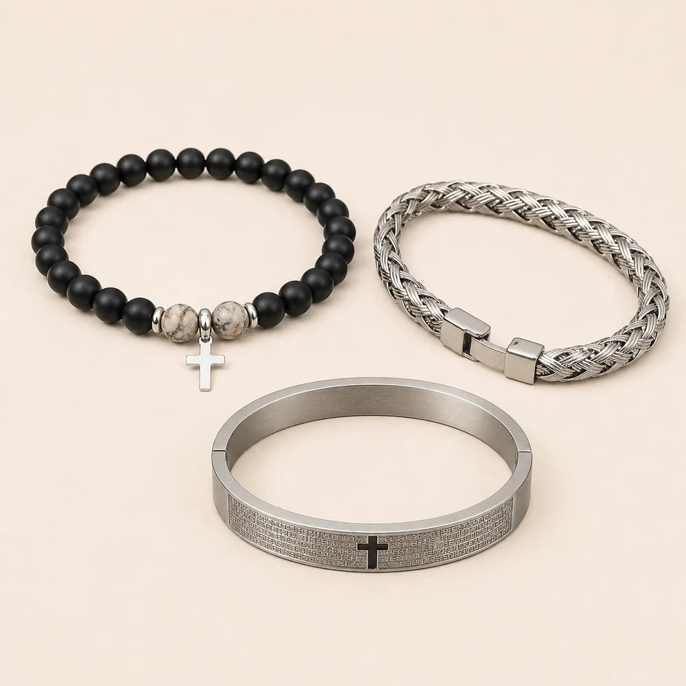 Kit 3 Pulseiras Masculinas com Cruz e Pedras - Set C - Soul Fé