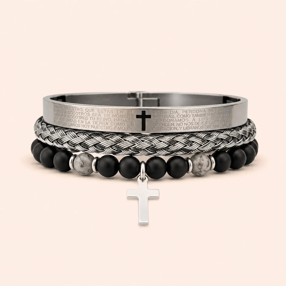 Kit 3 Pulseiras Masculinas com Cruz e Pedras - Set C - Soul Fé