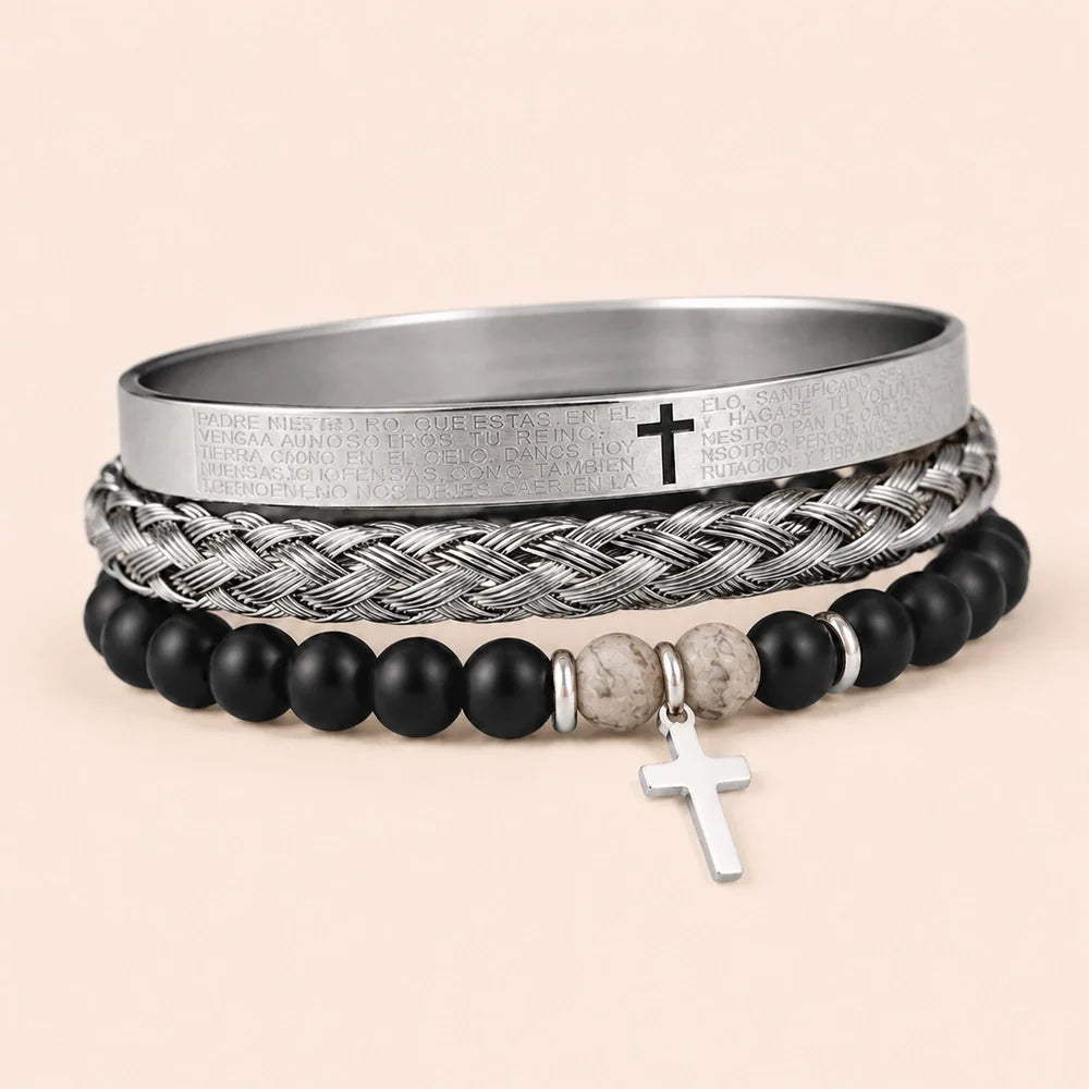 Kit 3 Pulseiras Masculinas com Cruz e Pedras - Set C - Soul Fé