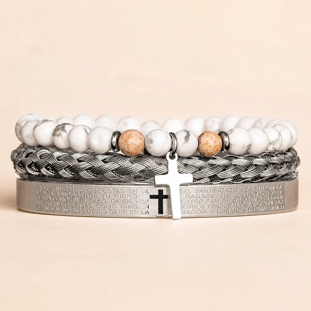 Kit 3 Pulseiras Masculinas com Cruz e Pedras - Set D - Soul Fé