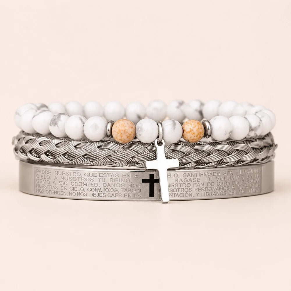 Kit 3 Pulseiras Masculinas com Cruz e Pedras - Set D - Soul Fé