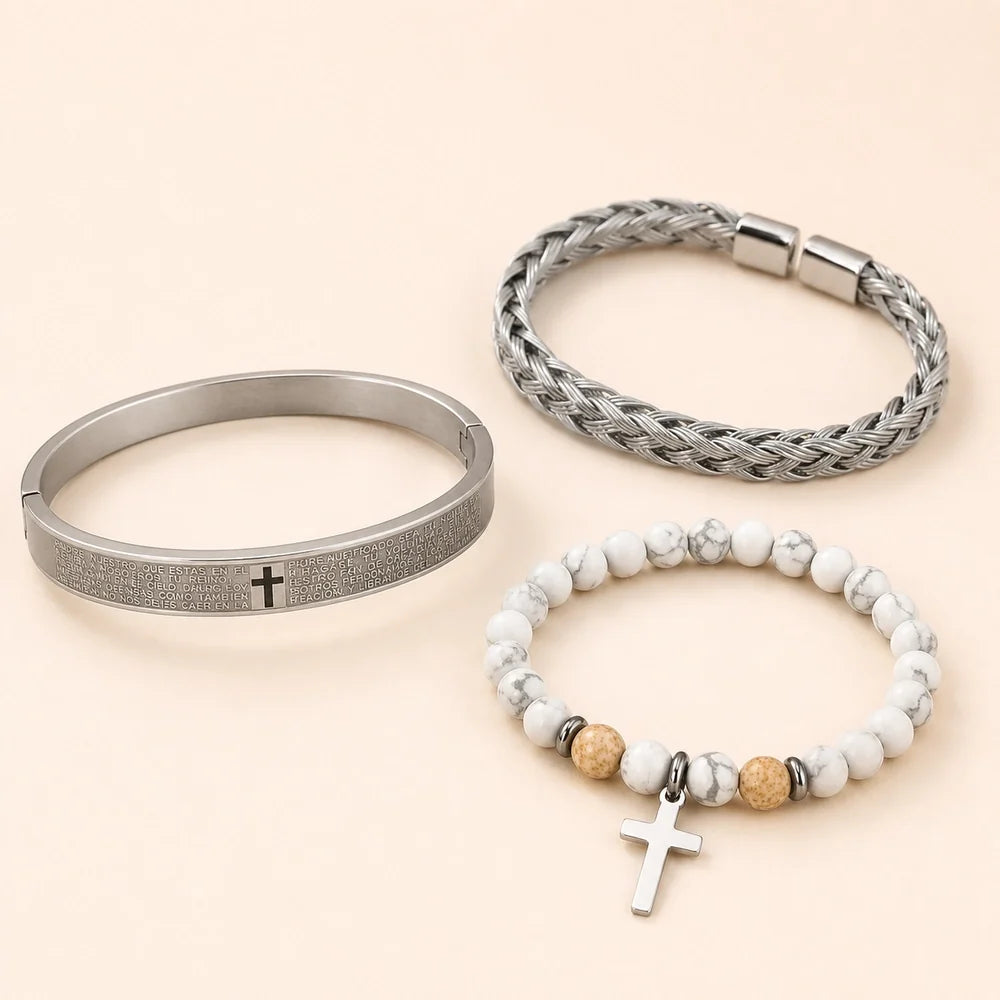 Kit 3 Pulseiras Masculinas com Cruz e Pedras - Set D - Soul Fé