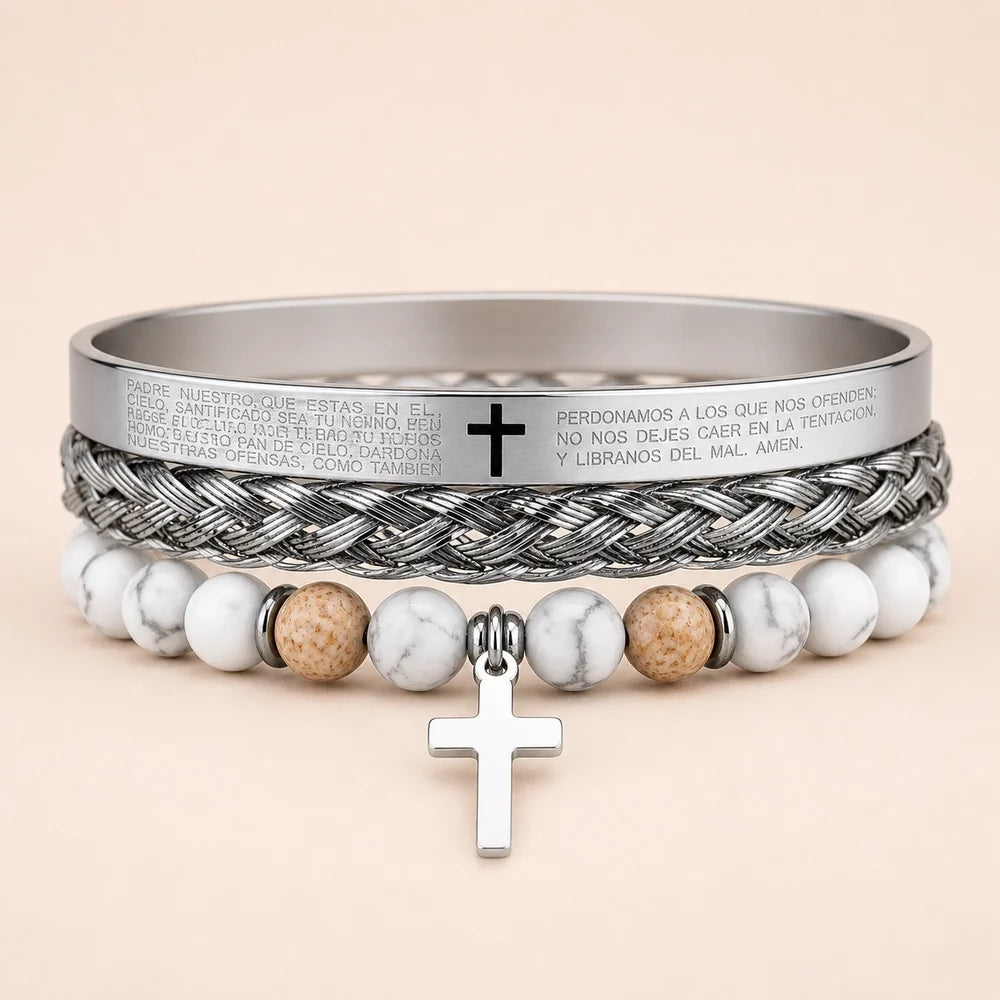 Kit 3 Pulseiras Masculinas com Cruz e Pedras - Set D - Soul Fé