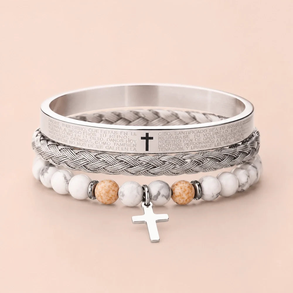 Kit 3 Pulseiras Masculinas com Cruz e Pedras - Set D - Soul Fé