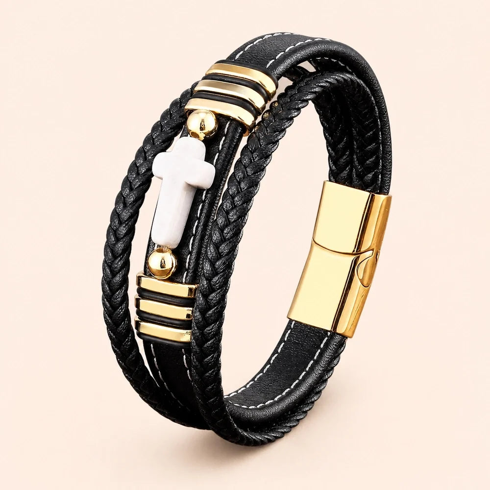 Pulseira Masculina de Couro com Cruz e Pedra - Metal Dourado com Pedra Tophus - Soul Fé