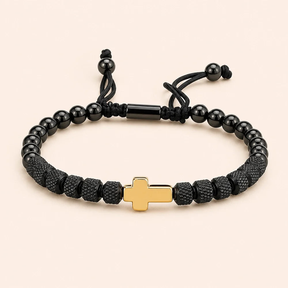 Pulseira com Cruz em Aço Inoxidável e Contas - Preto 2 - Soul Fé