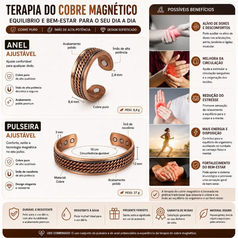 Pulseira de Cobre Elo Torcido Magnético com Anel Soul Fe