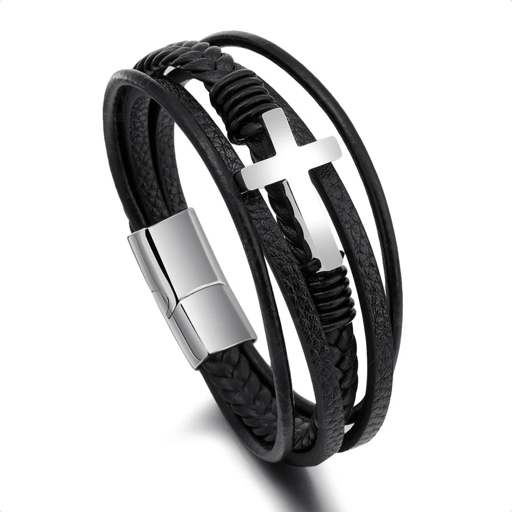 Pulseira Masculina de Couro Trançado com Cruz em Aço - Preto - Croce - imagem 2