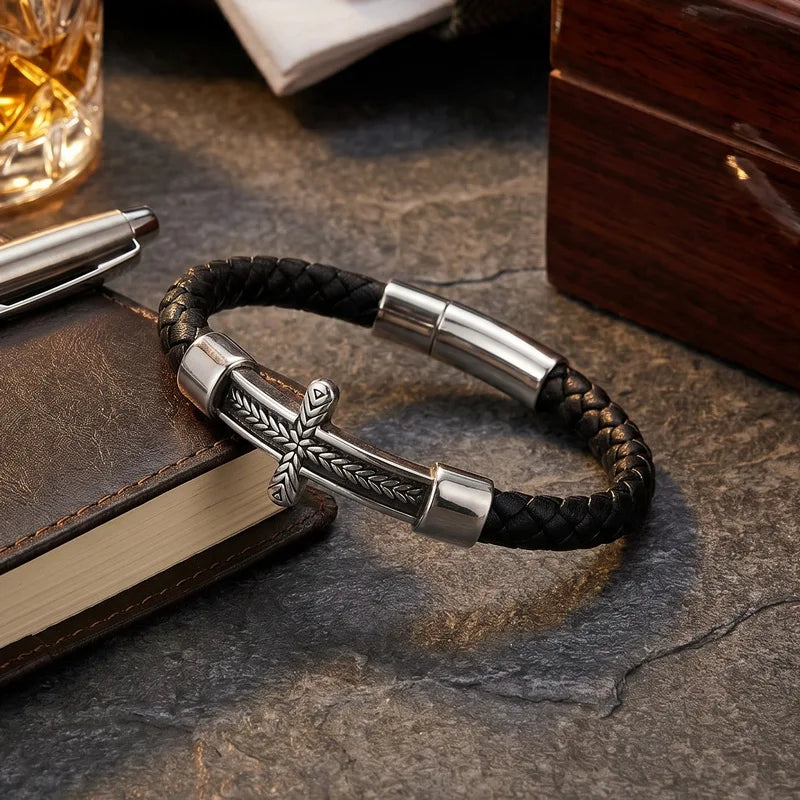 Pulseira Masculina de Couro Preto com Cruz em Aço Inoxidável - Kreuz - imagem 2