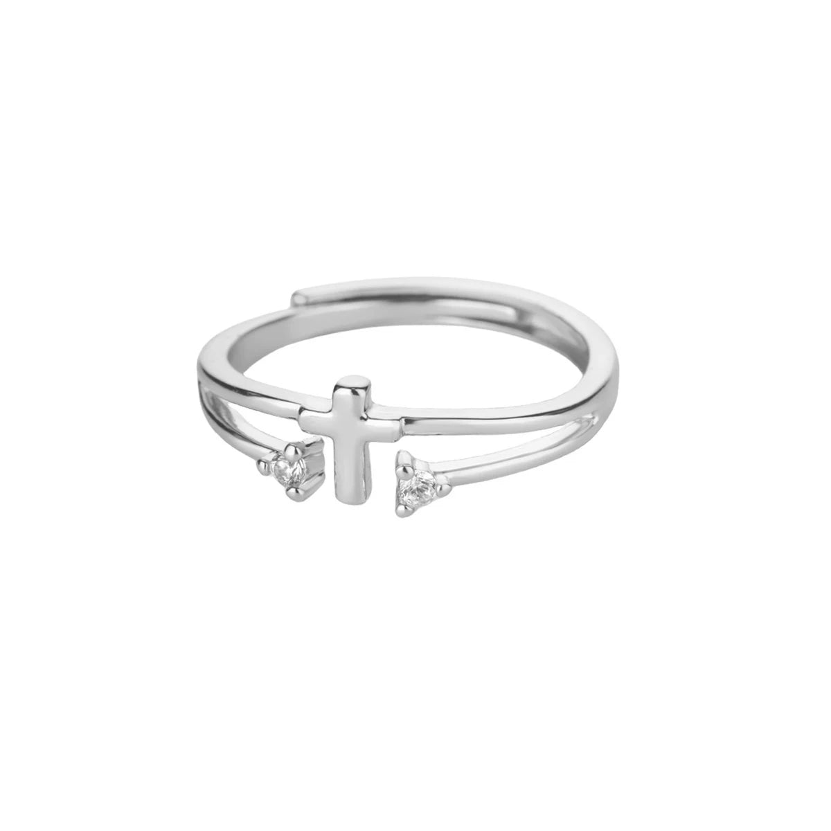 Anel Cruz Ajustável em Aço Inoxidável com Zircônia Silver Color ajustável Soul Fé