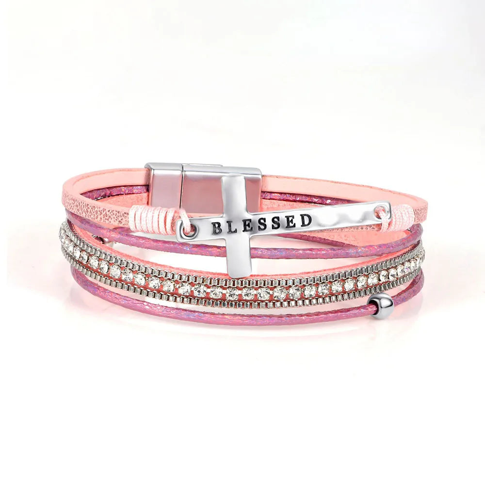 Pulseira Feminina Multicamadas com Cruz Blessed e Strass - Rosa