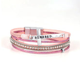 Pulseira Feminina Multicamadas com Cruz Blessed e Strass - Rosa