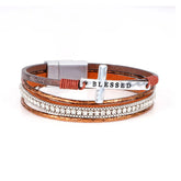 Pulseira Feminina Multicamadas com Cruz Blessed e Strass - Marrom