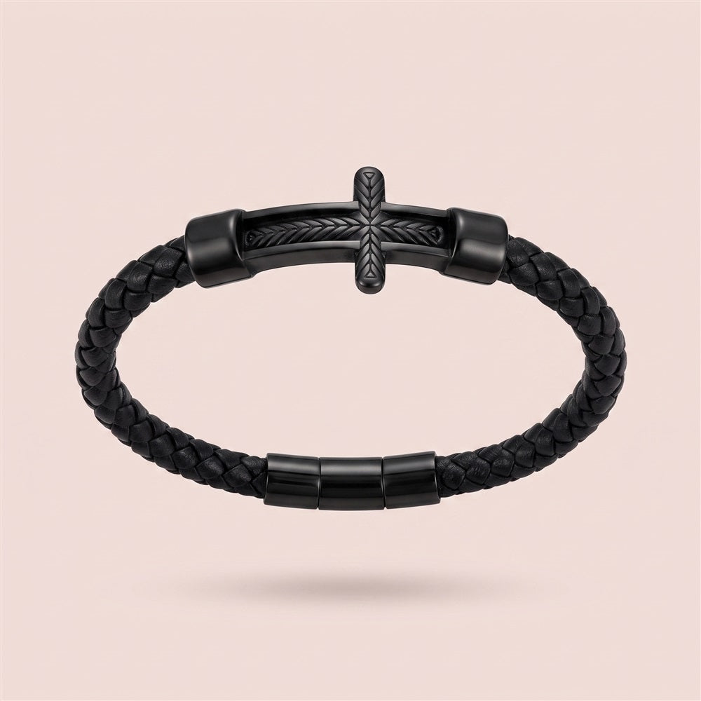 Pulseira Masculina de Couro Preto com Cruz em Aço Inoxidável - Kreuz