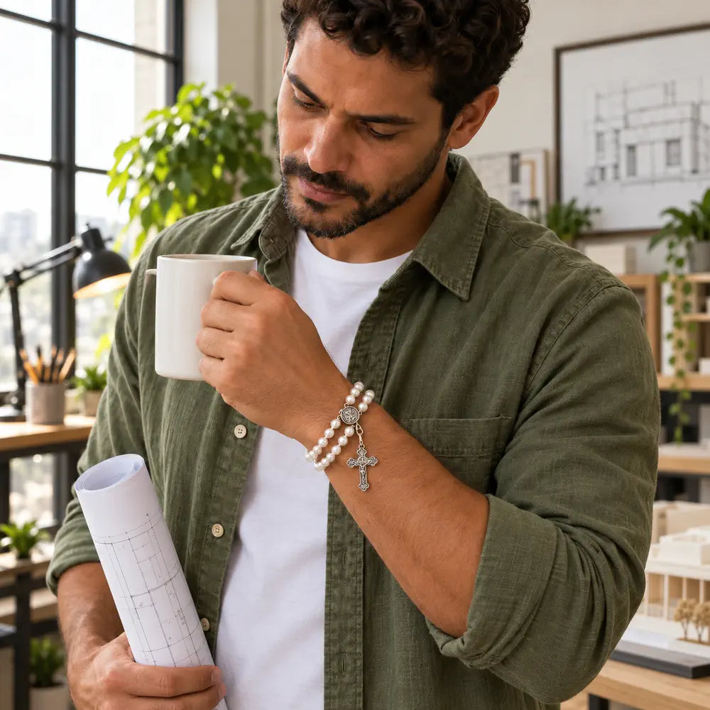 Pulseira Terço São Bento Pérola em modelo masculino com caneca